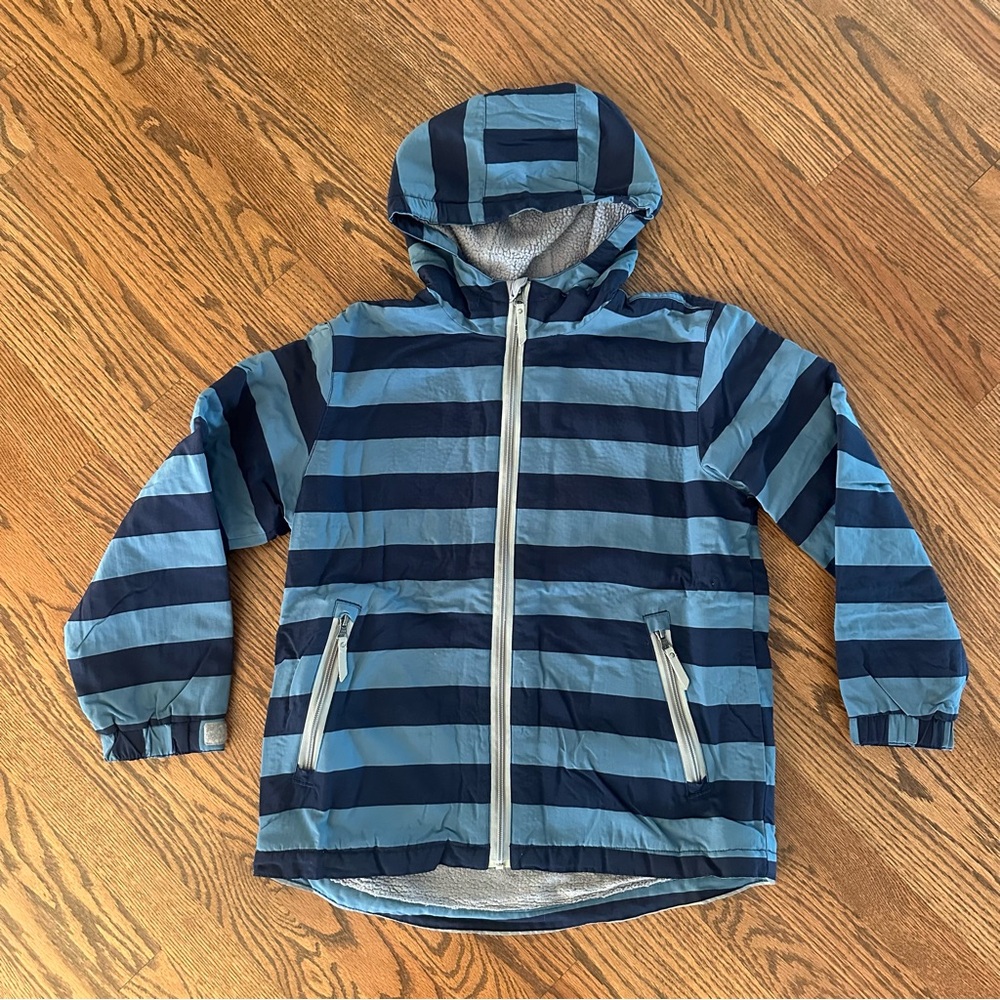 Size 12 (150) Hanna Andersson Fleece Lined Navigator Blue Stripe Hooded Coat